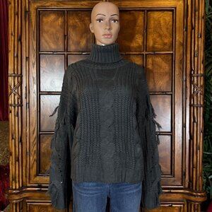 Connoto Steel Gray Cable Knit Fringe Sleeve Ribbed Turtleneck Sweater